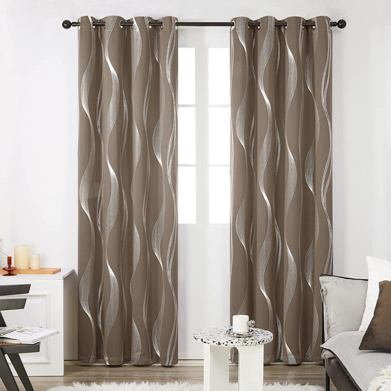 Spurgh Sliver Wave Foil Print Blackout Thermal Grommet Curtain Panels (Set of 2), 42" W x 45" L, Khaki