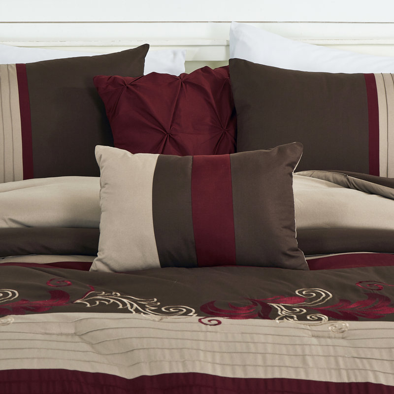 Floral Embroidered Microfiber 7 Piece Comforter Set, Queen Comforter + 6 Additional Pieces, Burgundy/Taupe/Brown