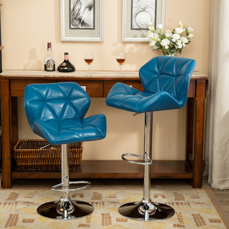 Contemporary Tufted Adjustable Height Hydraulic Bar Stools, Set Of 2, Stylish And Comfortable With Padded Seat And Back, Blue
