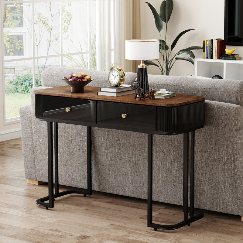 40.35" Console Table with Drawers, Black, Brown