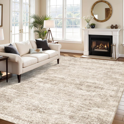 Washable Oriental Area Rug - 9x12 Rugs for Living Room Soft Carpet for Bedroom Waterproof Floral Distressed Indoor Stain Resistant Non-Shedding Floor Carpets (Beige Brown, 9x12)