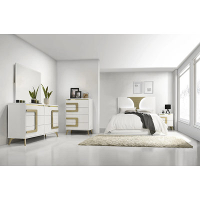 5-Piece Bedroom Set – King Size Bed with Dresser, Mirror, Chest and Nightstand, Modern White and Champagne-Gold Finish