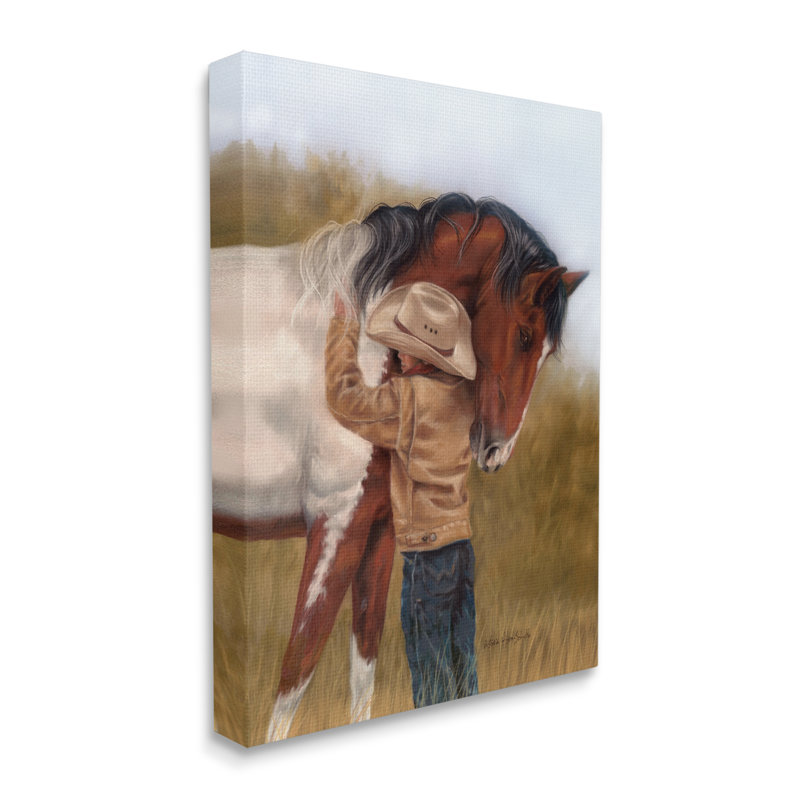 Garçon étreignant un cheval, peinture sur toile, H 48 po x l 36 po x P 1,5 po