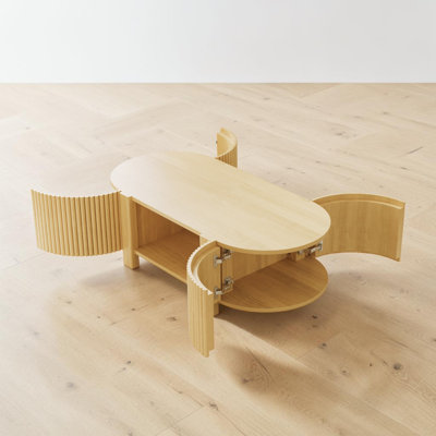 Table basse ovale en bois massif, armoires de rangement incurvées, tablette ouverte, design cannelé, moderne contemporain, salon