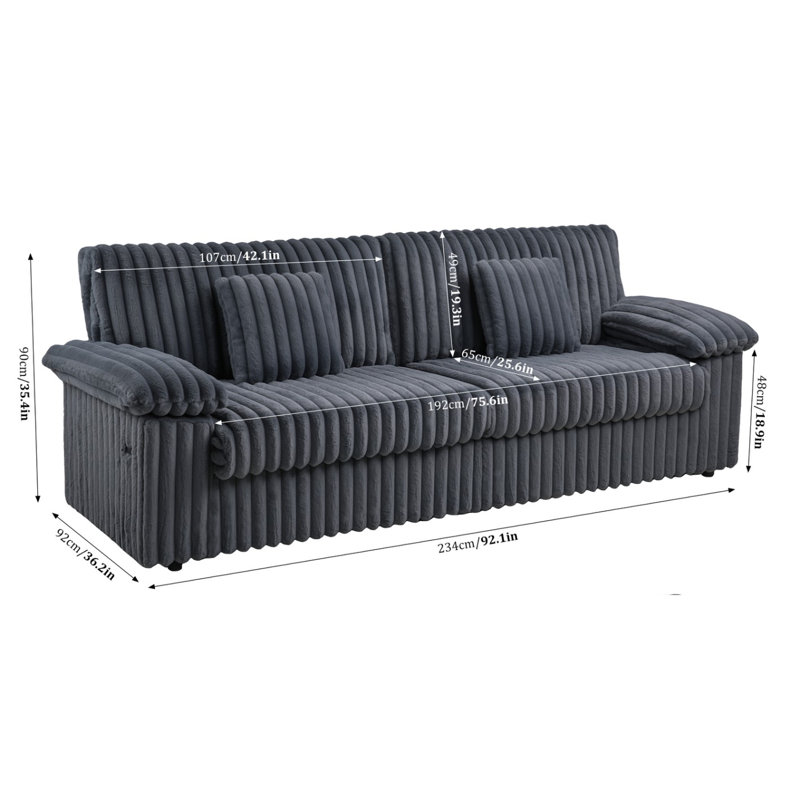 Modular Extra-Long Corduroy Sofa, 92"W, USB Charging, 2 Pillows & Easy 15-min Assembly, Spacious 2 Seater Sectional