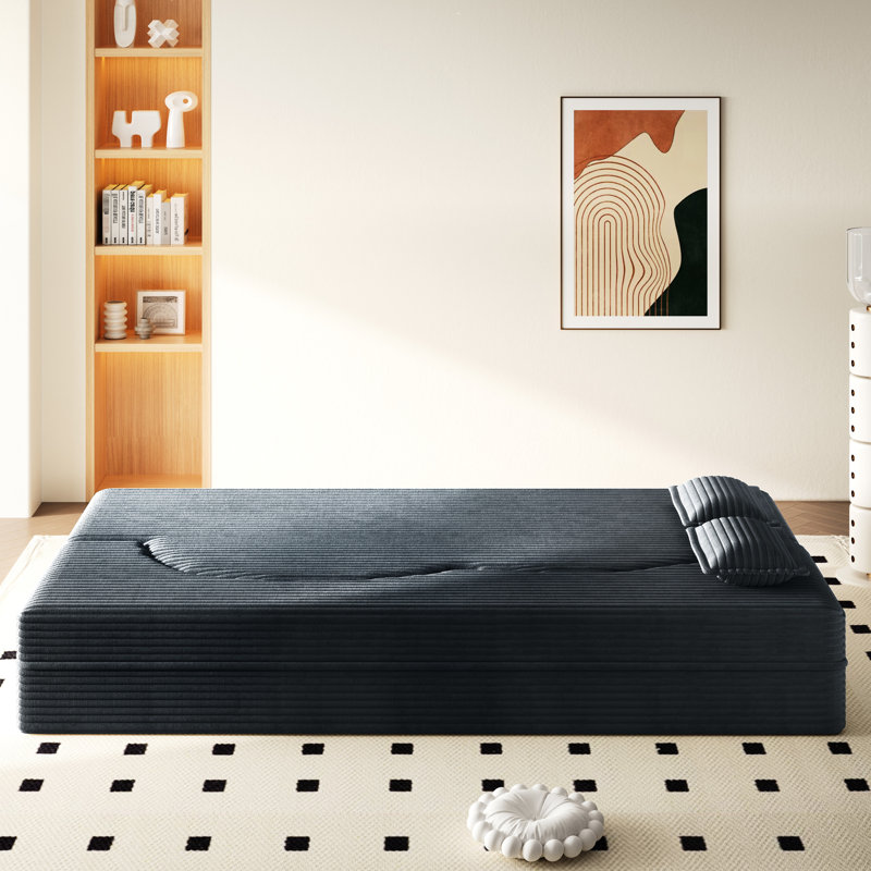 Lit pliant simple en velours côtelé gris foncé, 2 oreillers, sans montage, multi-usages pour petits espaces (chambres d'amis, salon), convertible gris, idéal pour les résidences étudiantes.