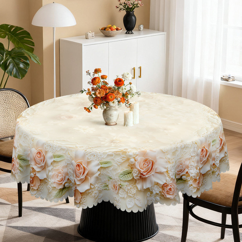 Rose Floral Pattern Design Machine-Washable Polyester Tablecloth