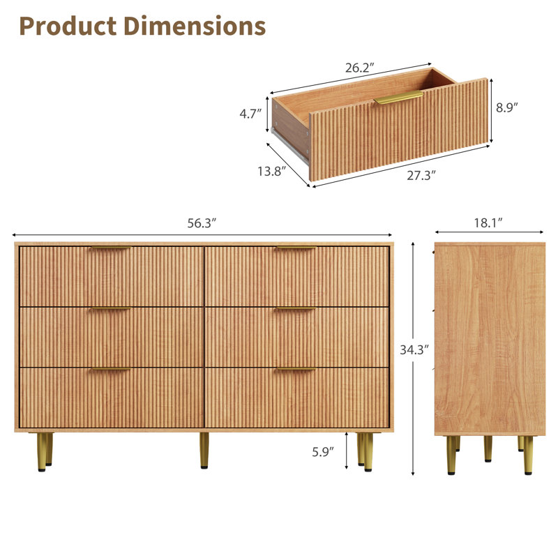 Modern Fluted Drawer Dresser, Wood Chest of Drawers with Metal Handles & Legs, Storage Organizer, Brown