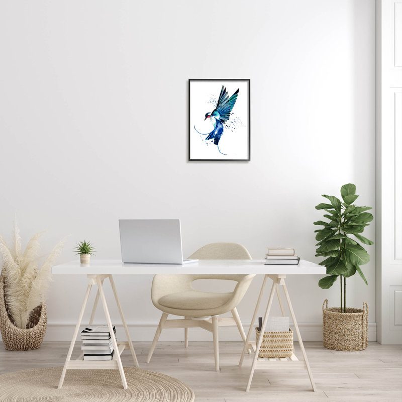 «Blue Bird Flying Wings» par Sebastian Grafmann, H 20 po x l 16 po x P 1,5 po, Giclée encadrée noir minuit