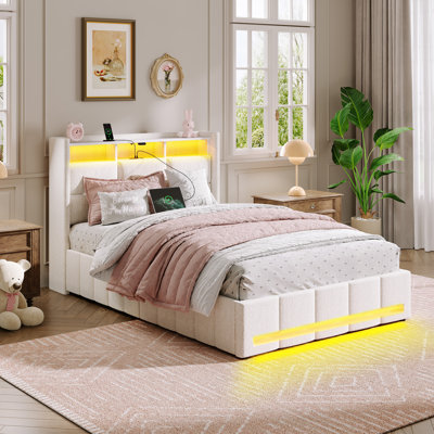 Jilissa Upholstered Bookcase Lift Up Storage Bed with Charging Station and RGB LED Lights