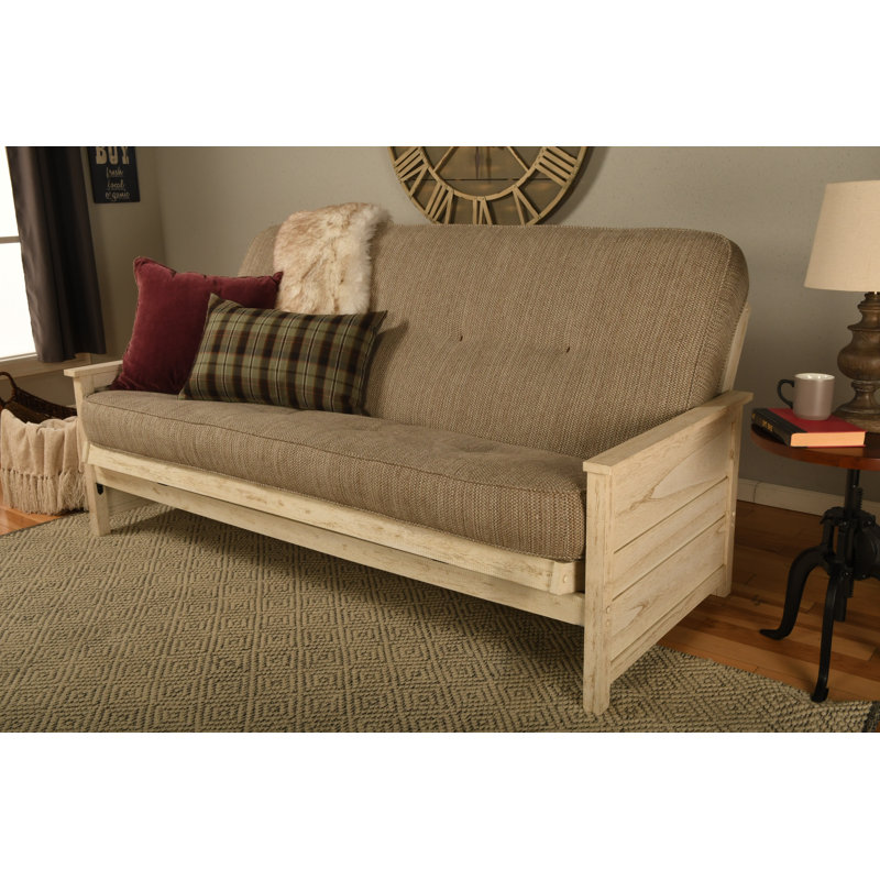 Futon de lit double avec matelas Anders, Blanc patiné, Taxi fumée de bois