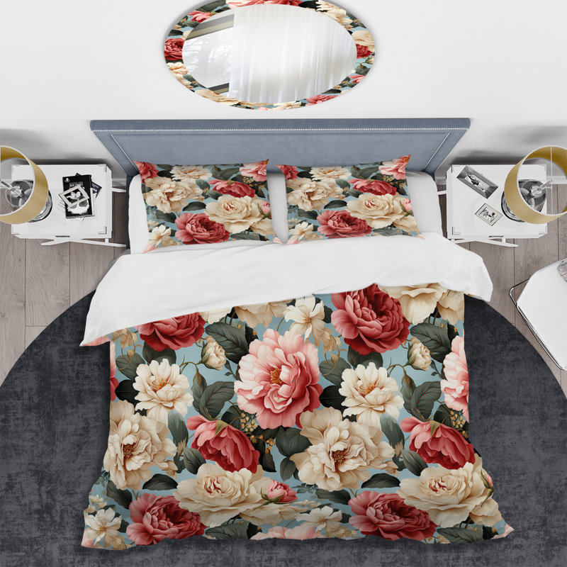 Vintage Pink And Blue Charm Floral Pattern III Floral Duvet Cover, Twin Duvet Cover + 1 Standard Sham