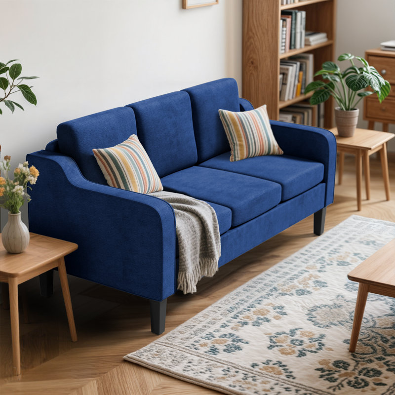 Upholstered 3-Seater Sofa, 3 Person Seat Couch With Scooped Armrest, Wood Legs And Removable Cushions, Navy