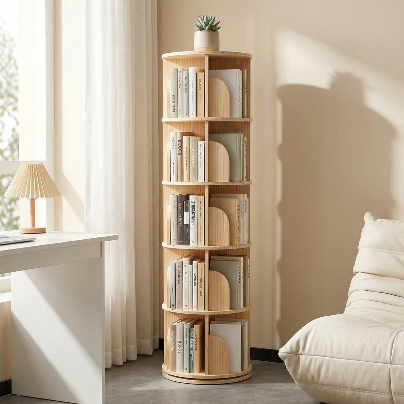 5 Tier Rotating Bookshelf, 360° Spinning Round Bookcase, Wooden Storage Shelf For Bedroom, Living Room, Home Office, Natural