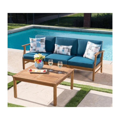 Ensemble 3 pièces de canapé et table en bois d'acacia avec coussins crème Perla