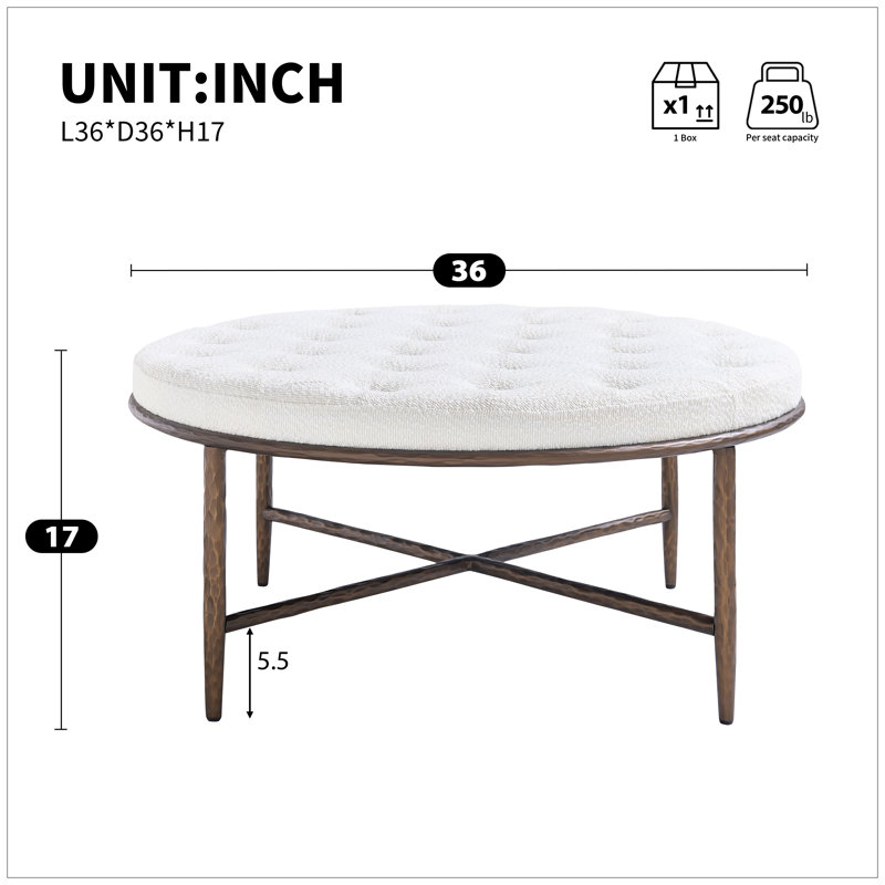 Table basse avec repose-pieds capitonné 36 po avec base en métal martelé