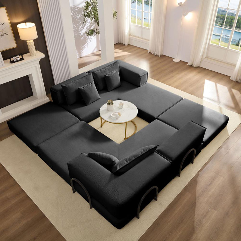 Modern Oversized Corduroy Upholstered Sectional Sofa with Modular Design and High-Density Foam for Ultimate Comfort, Black
