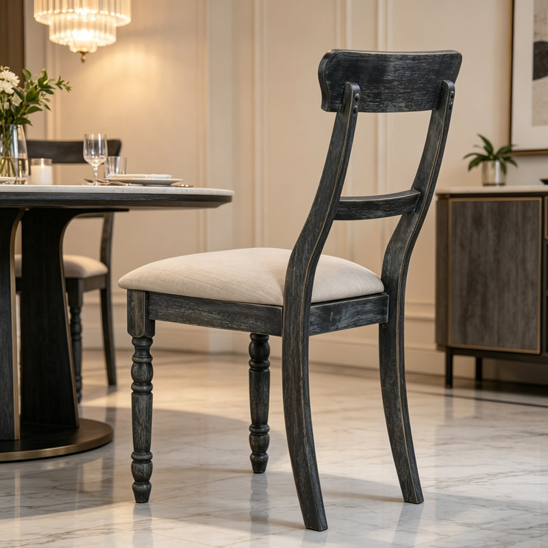 Chaise de salle à manger vintage en bois d'hévéa noir vieilli, à dossier échelle