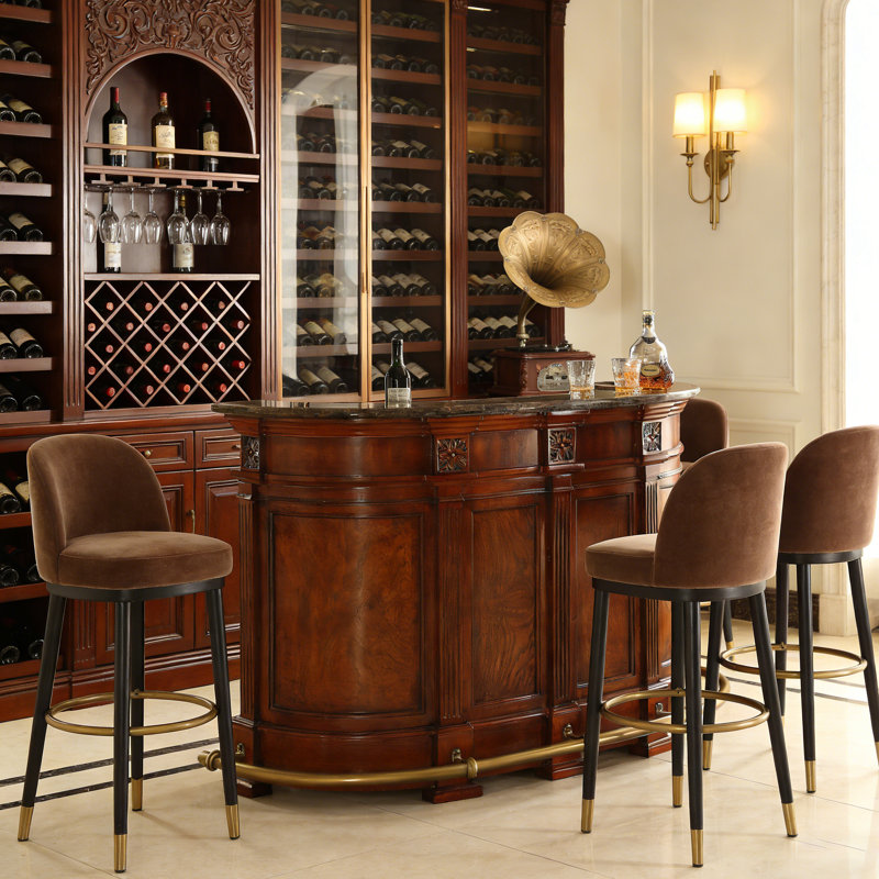 68.9" Vintage Mahogany Solid Wood Bar Table with Natural Marble Top and Intricate Carved Detailing