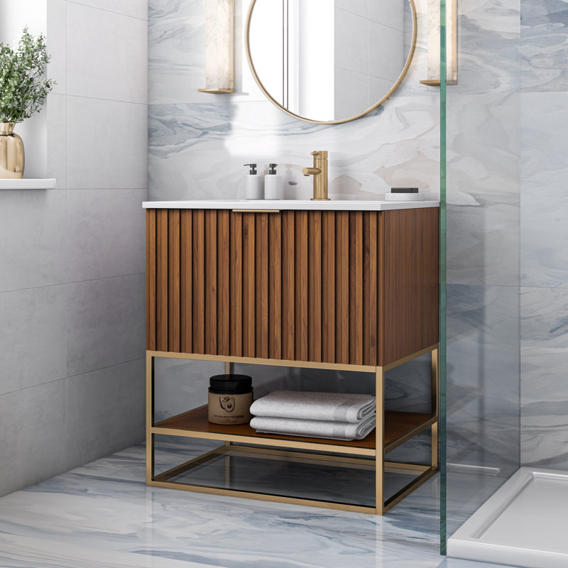 Terra 30'' Single Bathroom Vanity with Top, Walnut, White Quartz/Single Faucet Mount, Satin Brass