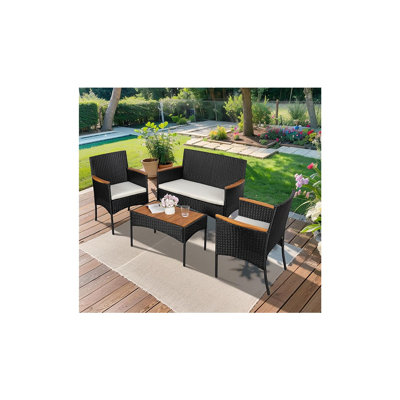 Ensemble de conversation d'extérieur en osier pour patio - Chaises rembourrées avec plateau en bois, rotin noir