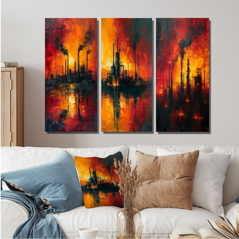Collection industrielle rouge «Polution I» - usines d'art mural, H 28 po x l 36 po, Ne s’applique pas, Toile tendue