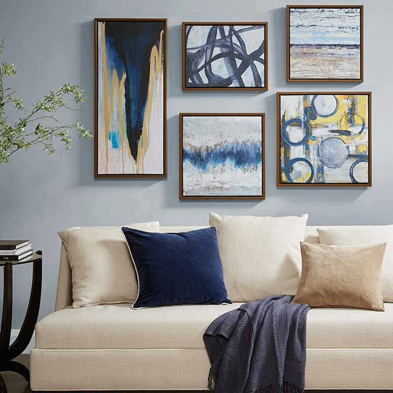 5 bleus, gris, jaunes, art abstrait avec des cadres de conception merveilleuse dans une galerie exquise