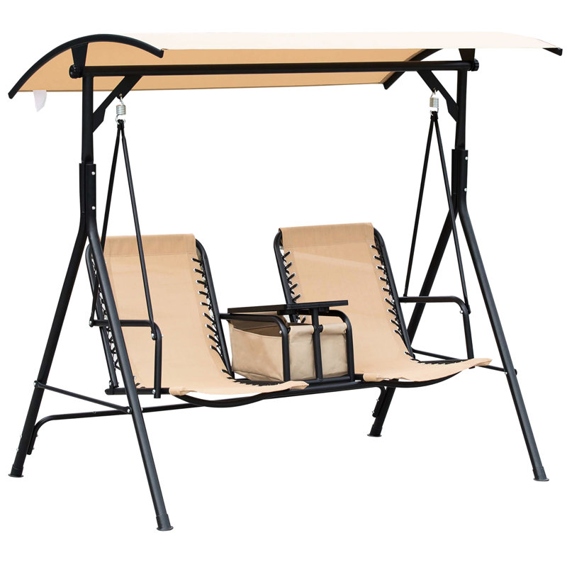 Balancelle Canopée 2, extérieur avec porte-gobelet et abat-jour inclinable, baldaquin beige 2, table de rangement pivotante réglable, support, siège, structure en acier stable, siège de meuble