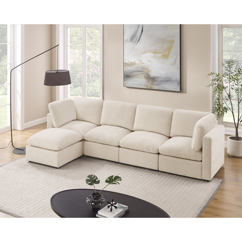 5-Piece L-Shaped Upholstered Sectional, Modular Sofa, Beige Polyester Blend