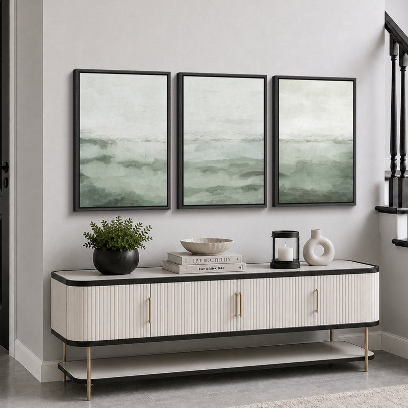 «Minimal Landscape», art organique moderne vert sauge, images murales abstraites simples dans la chambre à coucher, grand ensemble de 3 impressions murales sur toile, 16 x 24 x 3, 24 x 36 x 3