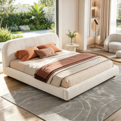  King Size Curve-Shaped Headboard Boucle Fabric Upholstered Bed Frame, With Metal Frame No Spring Box Needing Bed