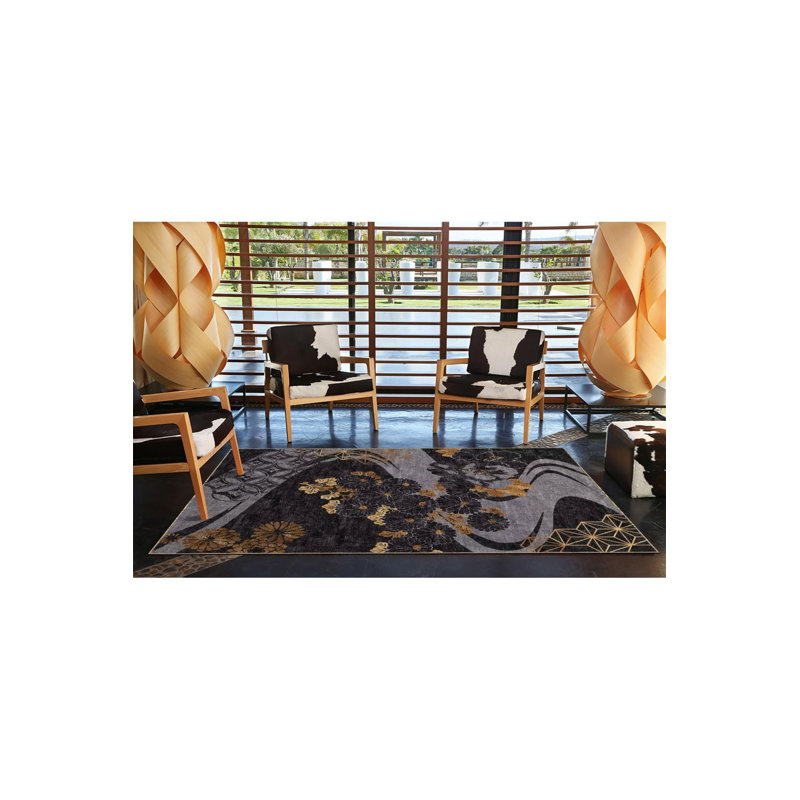 Tapis décoratif route et floral noir, Sous-tapis rectangulaire de 3 pi 3 po x 4 pi 11 po