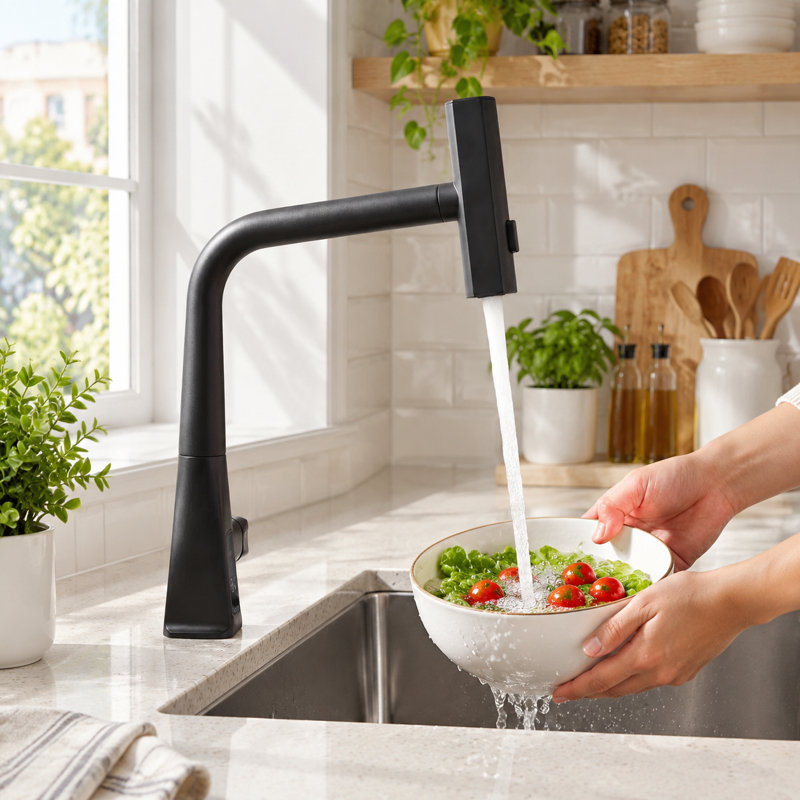 Robinet de cuisine avec douchette extractible, poignée unique à effet cascade avec affichage de la température et 3 modes de débit