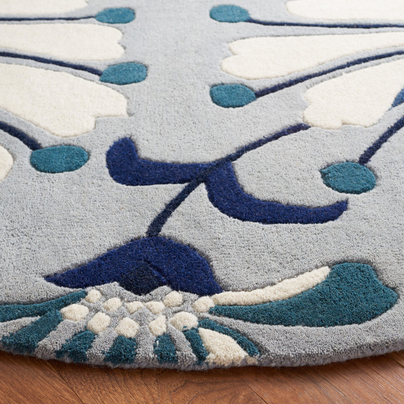 Tapis bleu / ivoire en laine / coton touffeté à la main Soho, Rond 6 pi