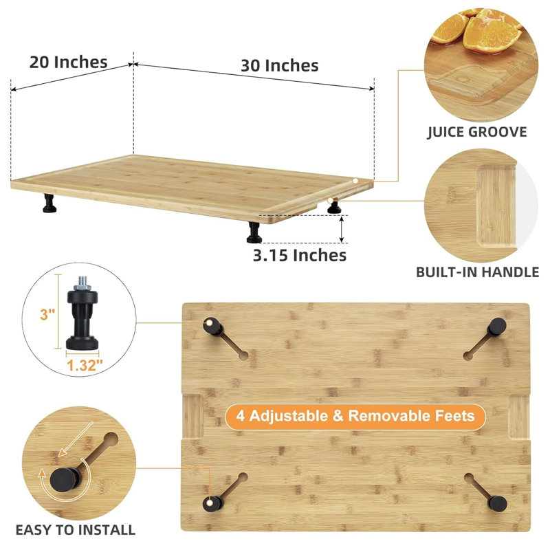 Bamboo Cutting Board Stovetop Cover, 30"x20" Extra Large Noodle Board with 4 Removable Feet