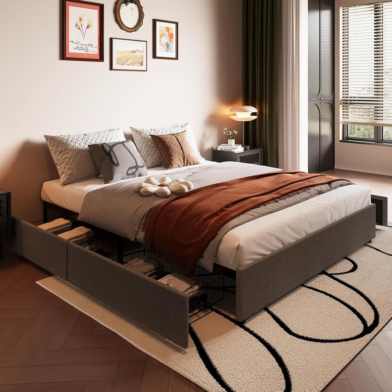 Très grand / très grand lit / lit double avec 4 tiroirs de rangement, cadre de lit plateforme avec sommier, Grand lit