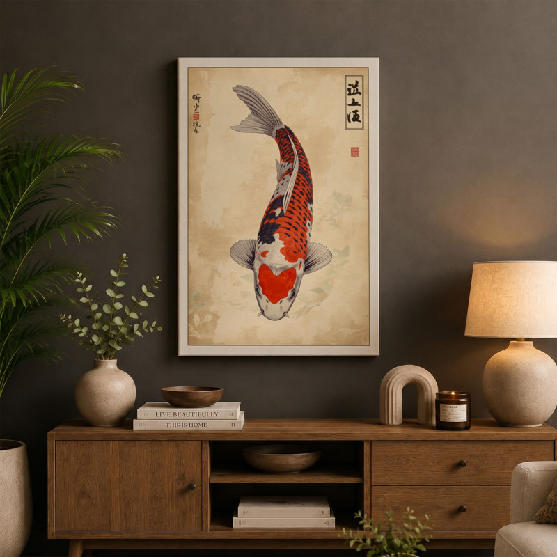 Koi in Stillness Japandi - Wrapped Canvas, 36x24 - 91.4 x 61.0 cm, Sage Border