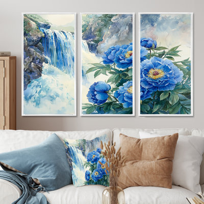 Pivoines par la cascade II - art mural pivoines - 3 panneaux