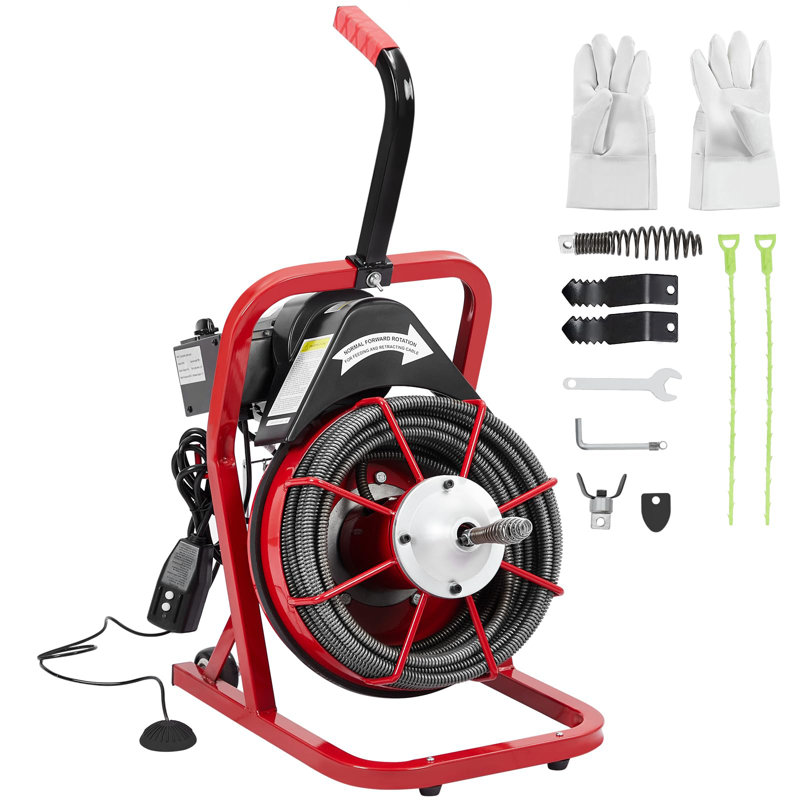 Professional Electric Drain Cleaner Machine – 75FT x 3/8" Cable, 370W 1700RPM Drain Auger, 4 Cutters, Foot Switch, Gloves, Plumbing Snake for 1"–4" Pipes, Home, Bathroom & Sewer, Model K-300K,