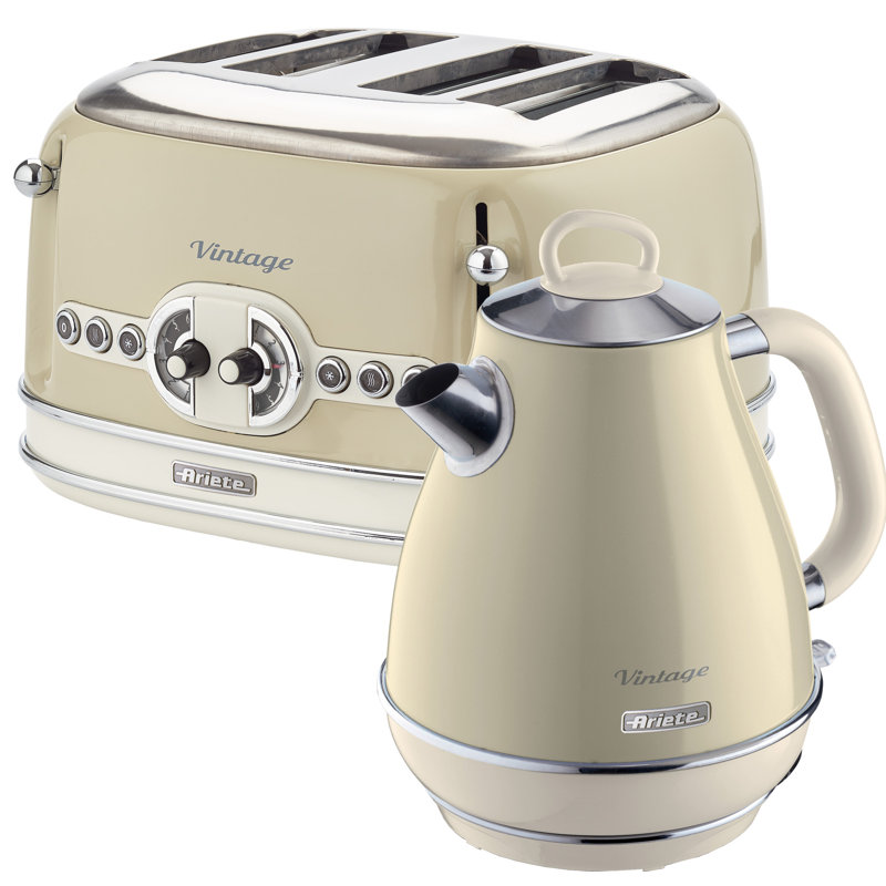 Ariete Vintage 1.7L Stainless Steel Jug Kettle with 4 Slice Toaster Set, Cream