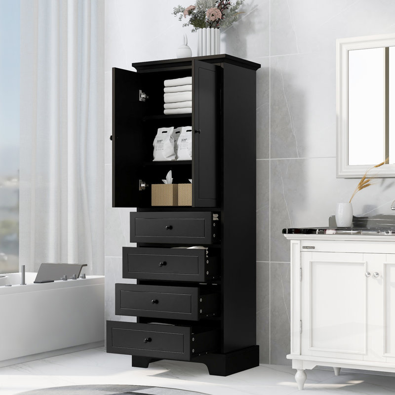 Storage Cabinet With 2 Doors And 4 Drawers, Adjustable Shelf, Ideal For Bathroom And Office Organization, Black