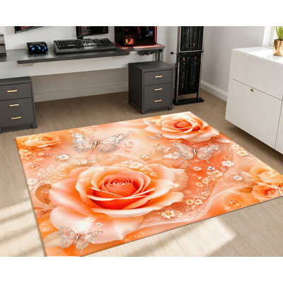 Tapis papillon surdimensionné à motif de roses, motif floral pêche orange, design artistique, tapis antidérapant, décoration intérieure pour le salon, la chambre, le vestibule, la cuisine et le balcon