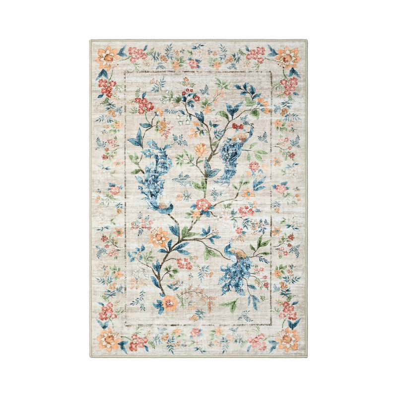 Washable Floral Rug Non-Slip Modern Farmhouse Living Room Carpet, Non-Shedding Low Pile Floor Mats, Foldable Print Accent Indoor Rug for Bedroom, Playroom, Nursery
