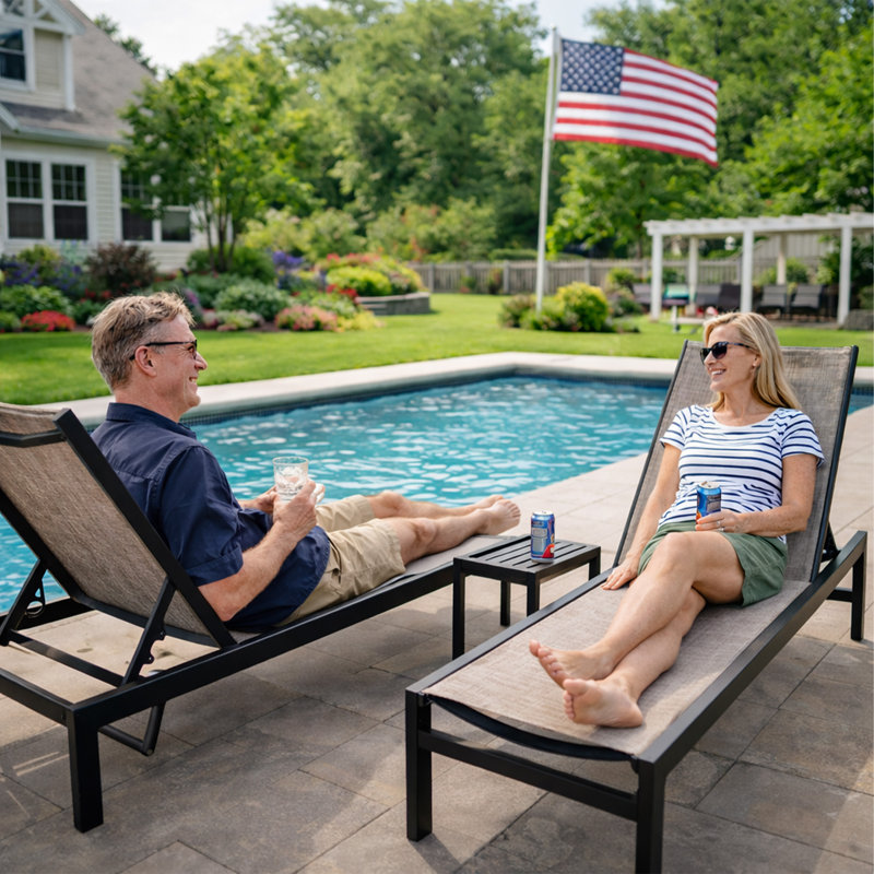 Kozyard 3Pieces Outdoor Chaise Lounge, Aluminum Frame and Textilene Fabric, Adjustable Reclining Patio Lounger for Poolside, Sunbathing & Backyard Beige, 2Chairs with Table