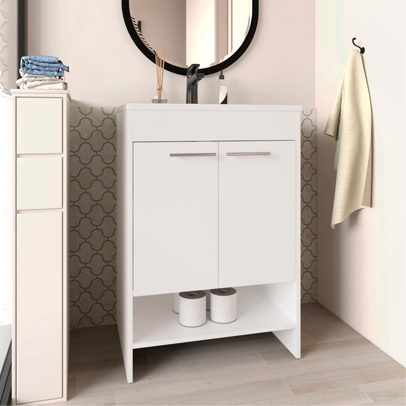 Meuble-lavabo avec quatre tiroirs et deux tablettes ouvertes, blanc