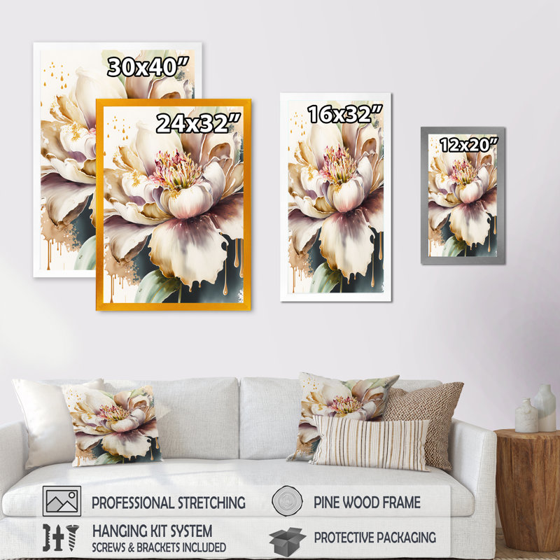 Janise rose et crème aquarelle II - reproduction sur toile, H 32 po x l 24 po x P 1 po, Impression noire sur toile encadrée