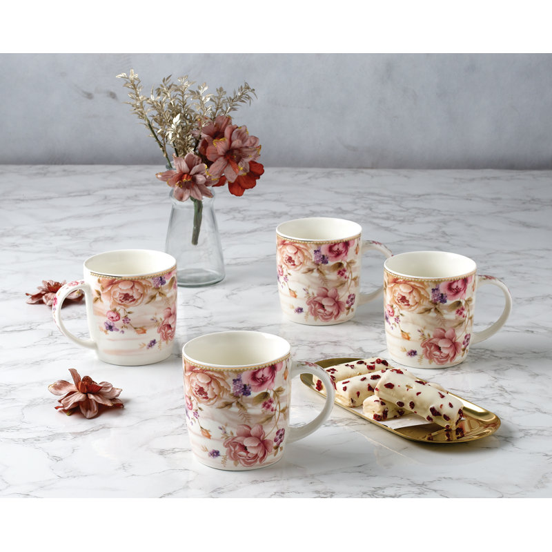 Set of 4 Pink Floral Ceramic Coffee Mugs