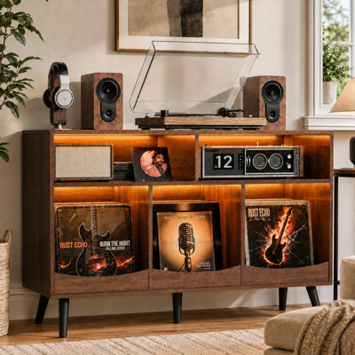 Walnut 3-Drawer Record Player Stand with LED Light and Vinyl Record Storage