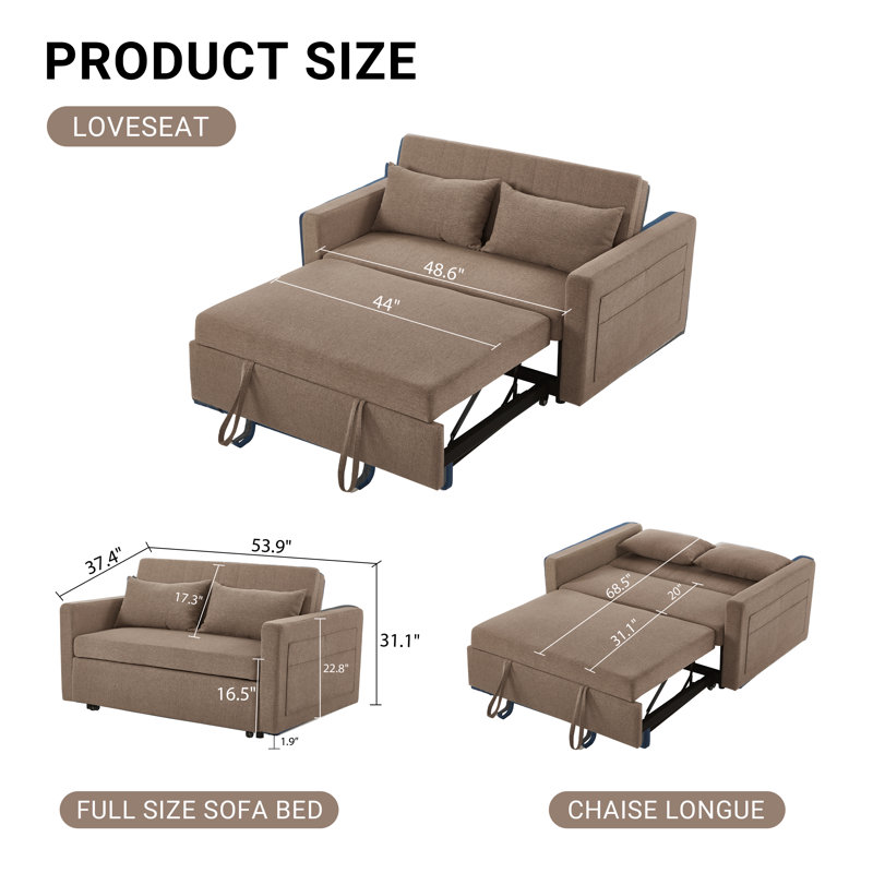 Lateresa 54'' Small Loveseat Pull-Out Sofa Bed - Adjustable Backrest With 2 Soft Pillows, Brown