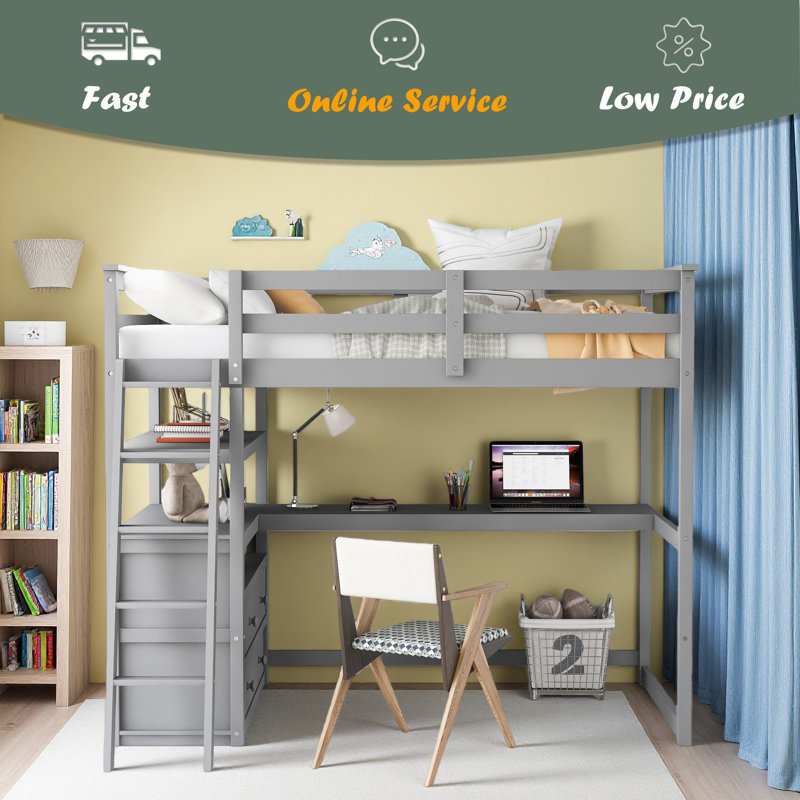 Lit mezzanine simple avec bureau et tablettes, deux tiroirs intégrés, Gris